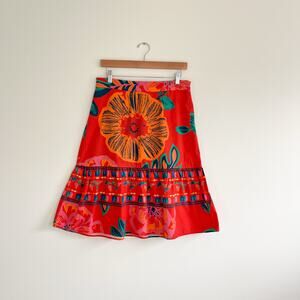 Maude Vivante Tropical Vacation Floral Lily Skirt in Mandarin Red, Size Small